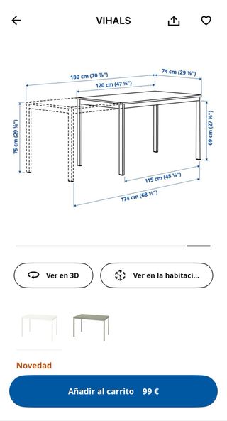 Mesa comedor/cocina Blanca extensible
120/180x74cm