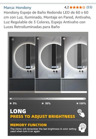 Espejo Baño Redondo LED Hondony 60x60cm
