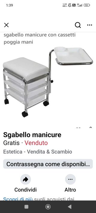 Sgabello manicure con 3 cassetti e ruote