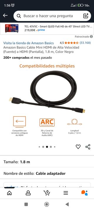 Cable Amazon Basics Mini HDMI - 1.8m