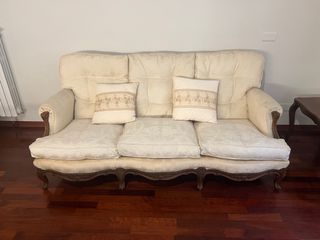 Divano e 2 Poltrone vintage beige in legno