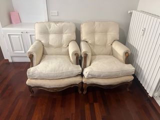 Divano e 2 Poltrone vintage beige in legno