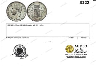 ALFONSO XIII 5 PTAS. 1884(84) SUB.AUREO Y CALICO