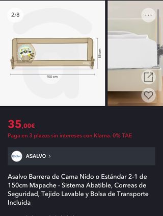 Barrera cama Asalvo 150cm SIN ESTRENAR 