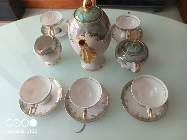 Juego té porcelana - dorado, verde