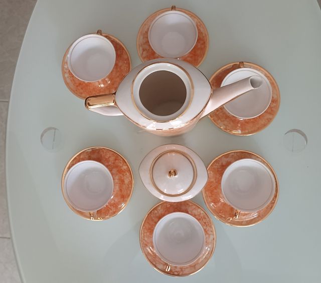 Juego té porcelana naranja-blanco