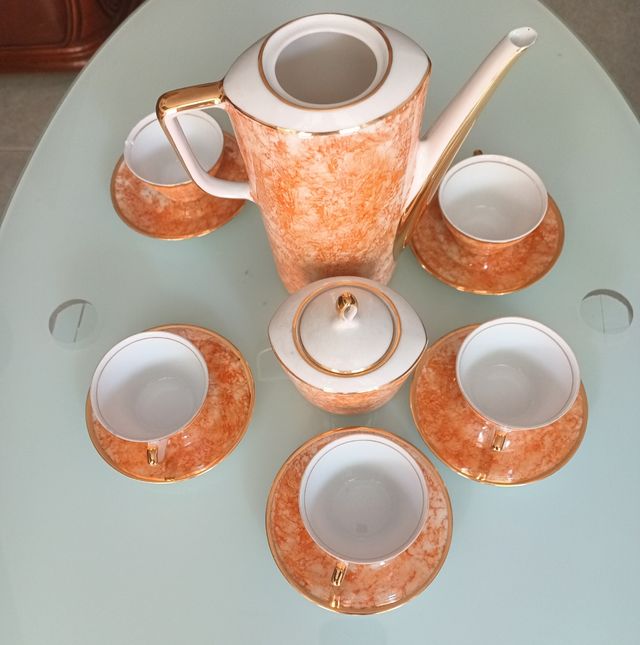Juego té porcelana naranja-blanco