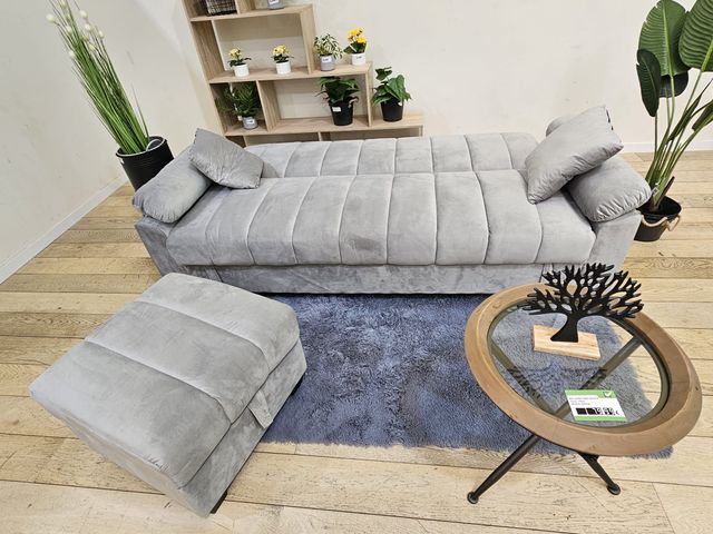 Sofá cama 3 plazas + puff gris
