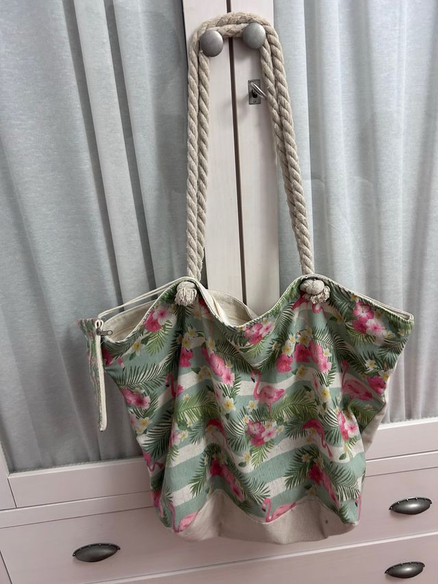 Bolso playa flamingos - Verde/Rosa