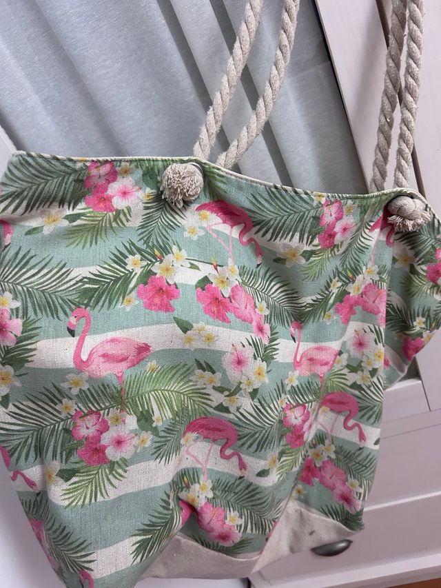 Bolso playa flamingos - Verde/Rosa