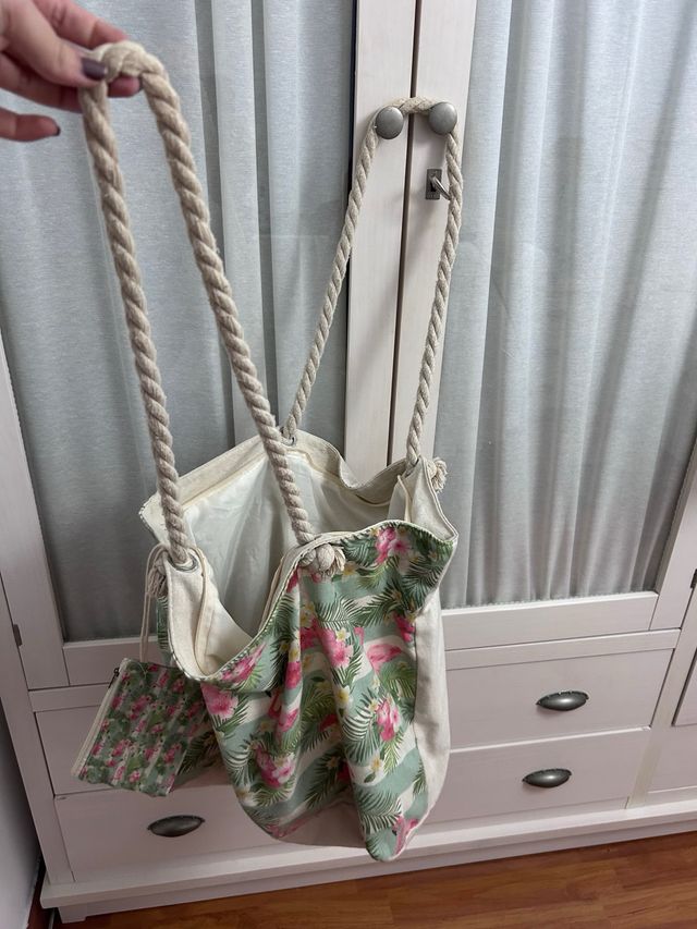 Bolso playa flamingos - Verde/Rosa