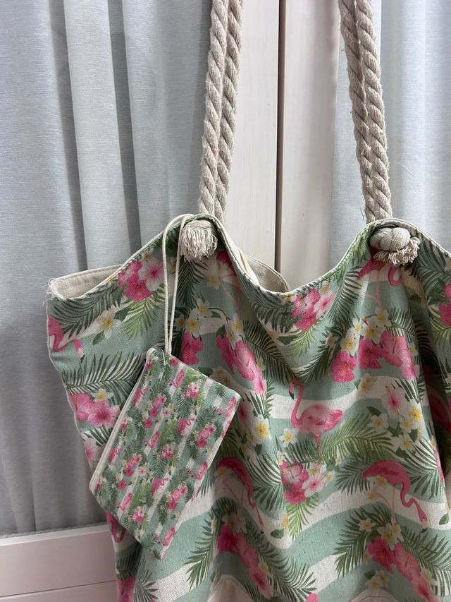 Bolso playa flamingos - Verde/Rosa