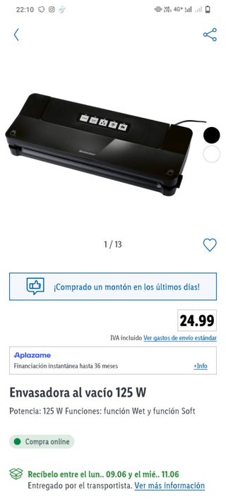 Envasadora vacío 125W. No negociable