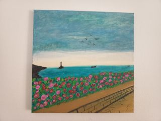 Cuadro paisaje marino con rosas