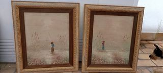 2 Cuadros niños pescando - Madera pintados al óleo