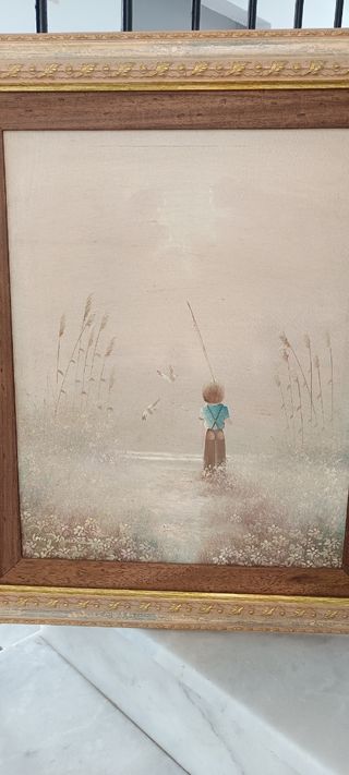 2 Cuadros niños pescando - Madera pintados al óleo