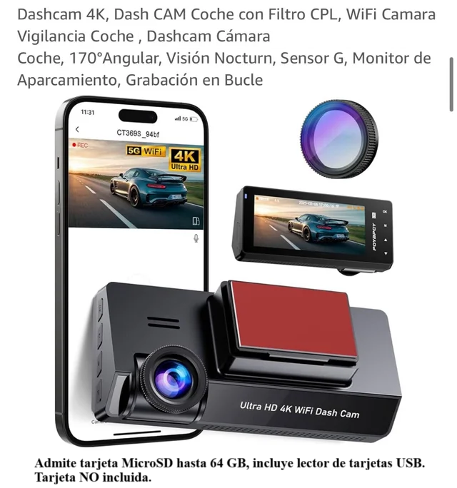 Dashcam 4K WiFi+filtro CPL (admite MicroSD 64 GB)