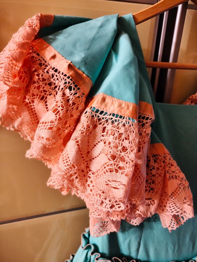 Vestido Flamenca turquesa y salmón hecho a mano 