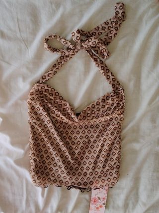 Top halter boho marrón-rosa