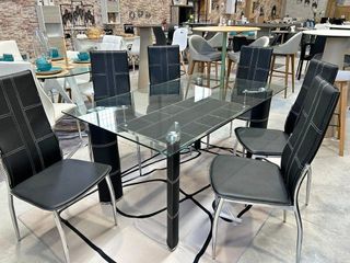 Mesa de Cristal Templado + 6 Sillas en Polipiel/Me