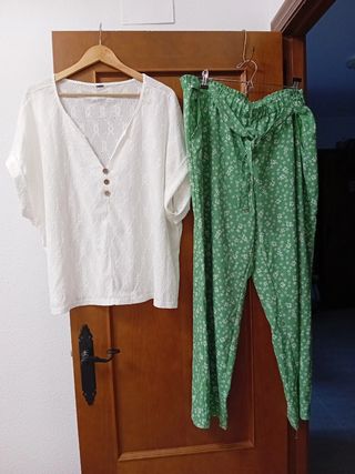 Conjunto blusa y pantalón - Blanco y Verde