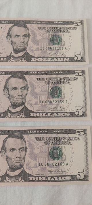 3 Billetes 5 Dólares USA - Correlativos
