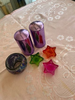 2 candele viola + portacandele