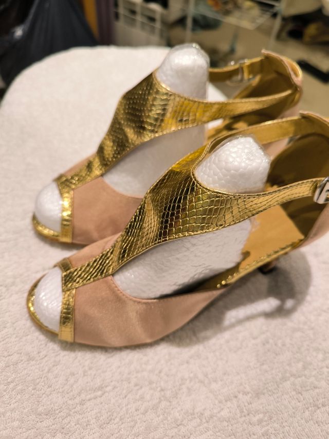 Zapatos baile rosa suave-dorado, talla 38