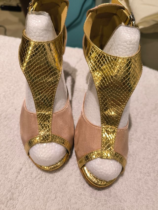 Zapatos baile rosa suave-dorado, talla 38