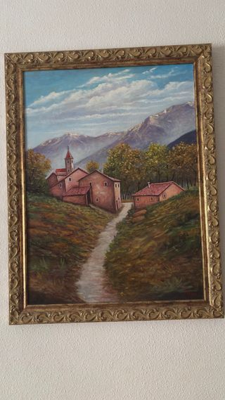 Cuadro paisaje óleo - pueblo montaña