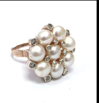 Anillo oro rosa 9k perlas diamante
