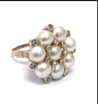 Anillo oro rosa 9k perlas diamante
