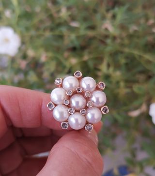 Anillo oro rosa 9k perlas diamante
