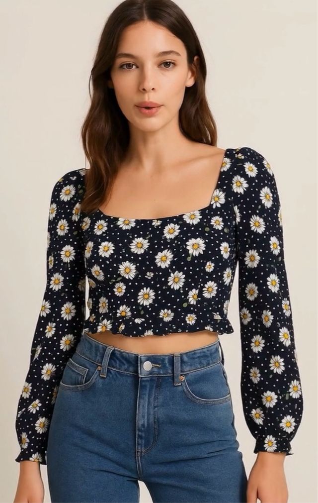 Crop top Zara - Flores - Azul