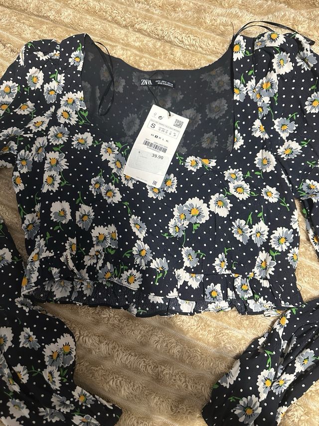 Crop top Zara - Flores - Azul