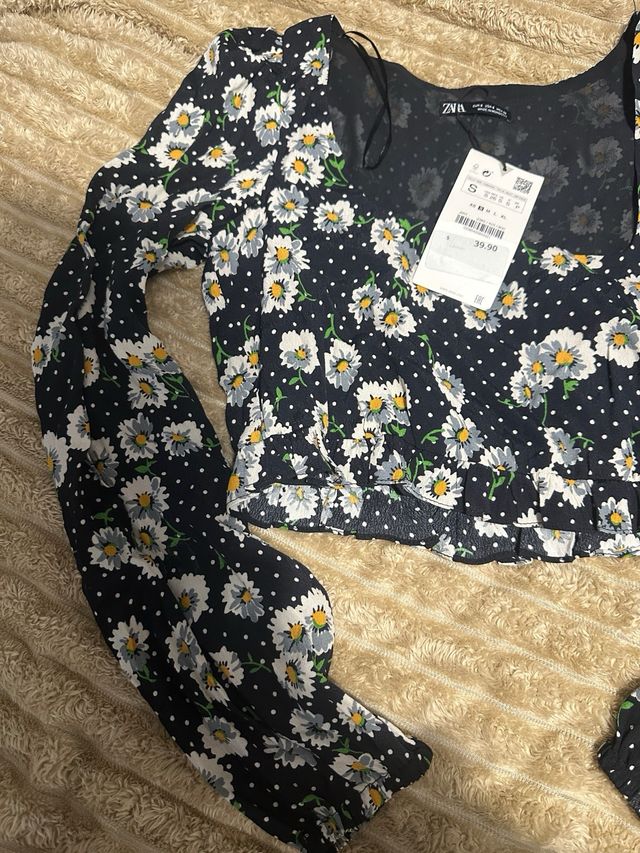 Crop top Zara - Flores - Azul