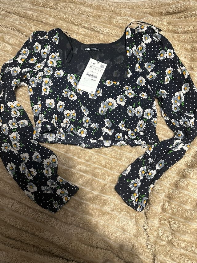 Crop top Zara - Flores - Azul