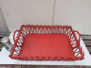 Bandeja cesta vintage madera y mimbre año 60 retro