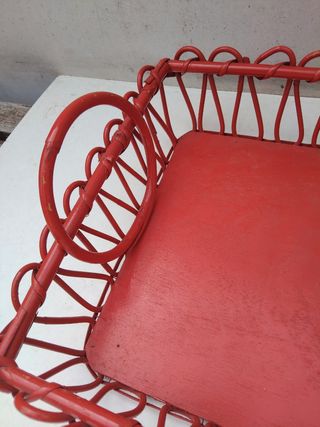 Bandeja cesta vintage madera y mimbre año 60 retro