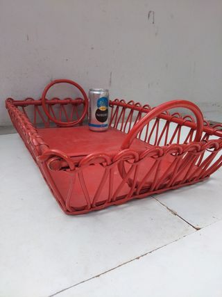 Bandeja cesta vintage madera y mimbre año 60 retro