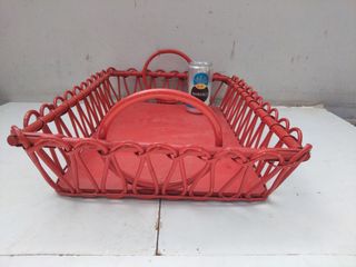 Bandeja cesta vintage madera y mimbre año 60 retro