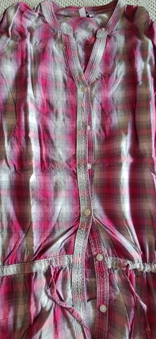 Camicia a quadri lunga rosa e grigia