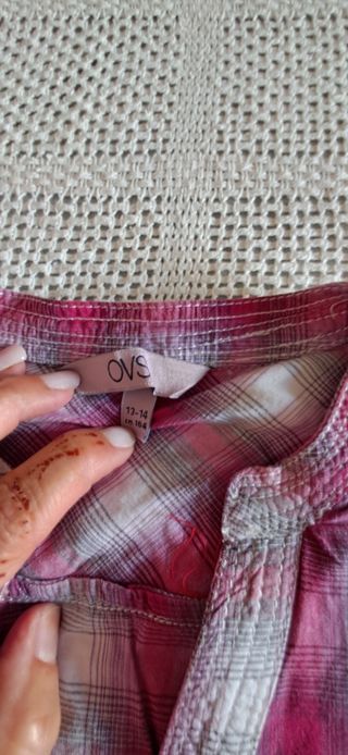 Camicia a quadri lunga rosa e grigia