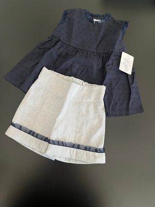 Conjunto niña plumeti azul + pantalón gris T.2A,5A