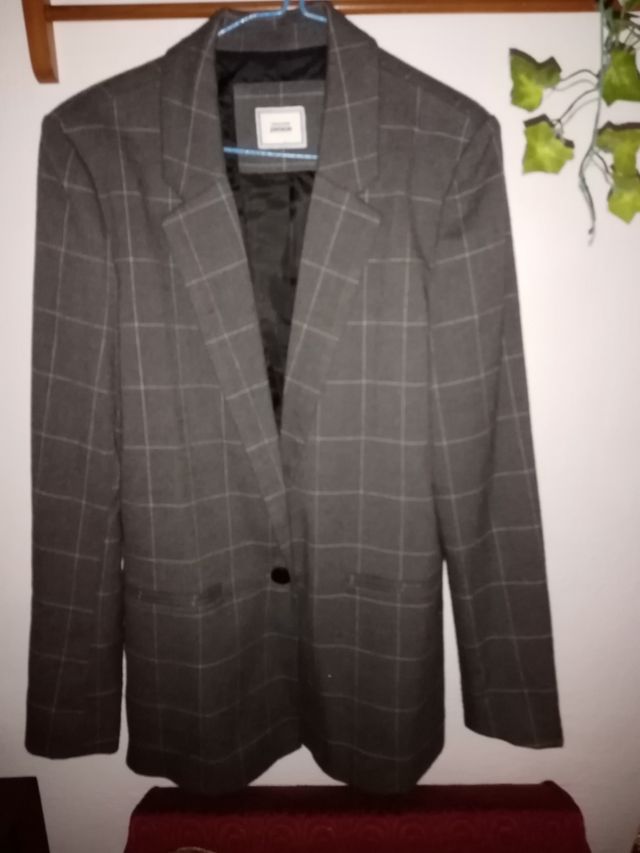 Americana mujer cuadros gris-blanco