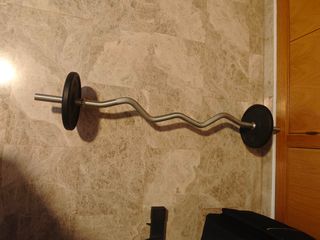 Barra Z , dos discos 5kg Decathlon y seguros.