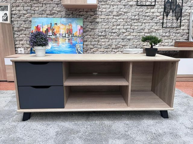 Mesa TV - Madera y metal - Gris y marrón