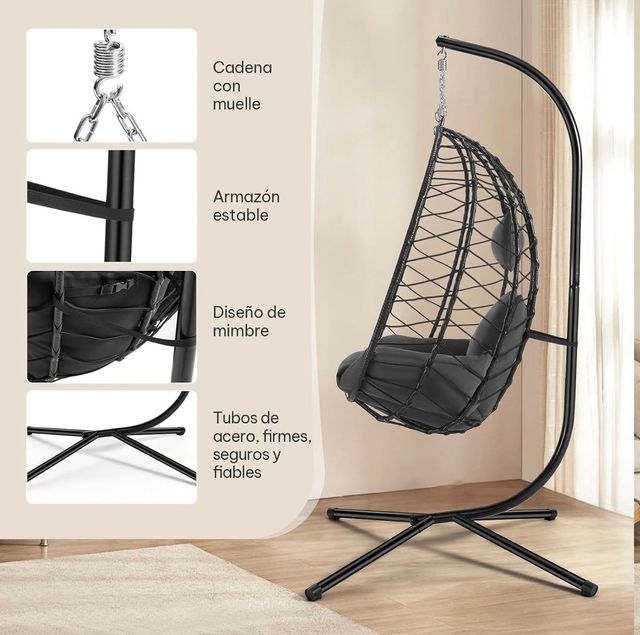 Silla colgante negra con cojín
