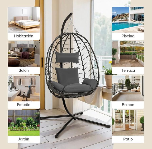 Silla colgante negra con cojín