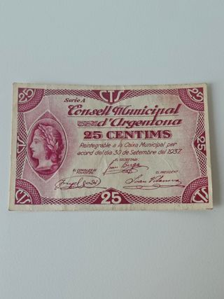 Billete 25 céntimos Argentona 1937
